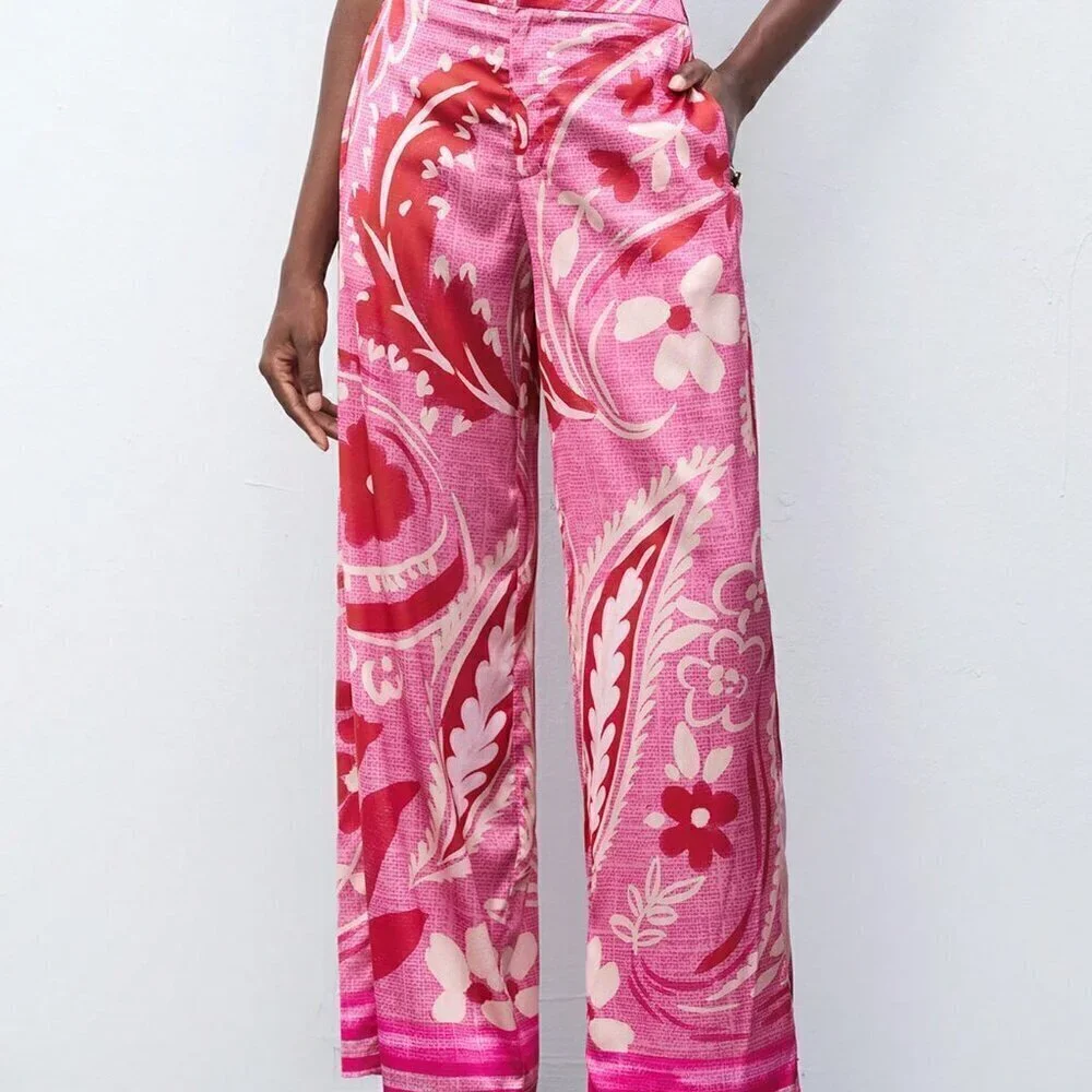 Hot Pink Casual Women's Floral Print Straight Leg Pants For Vacation - Picture 2 of 7
